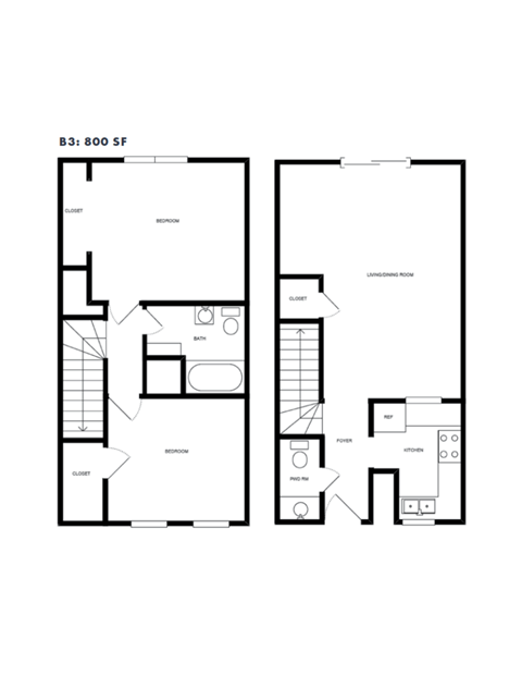 Floor plan for 2 beds, 2 baths, 800 sqft